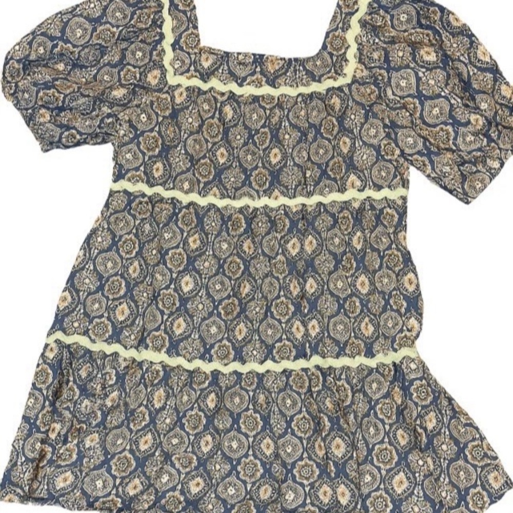 JODIFL Blue and Cream Patterned Dress Milkmaid Puff Sleeve - Picture 1 of 9